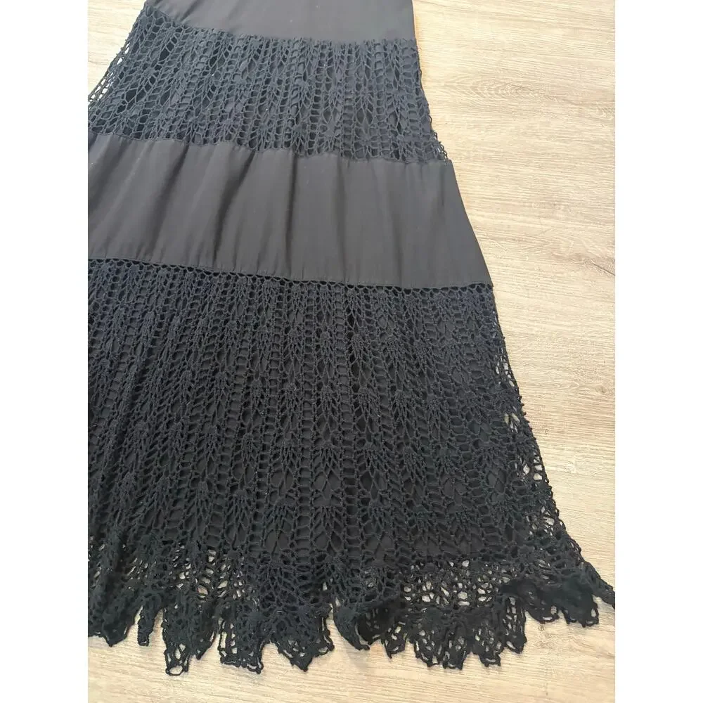 VTG Y2K Black Cotton Boho Maxi Dress Medium Smocked Crochet Knit‎ Slip Casual
